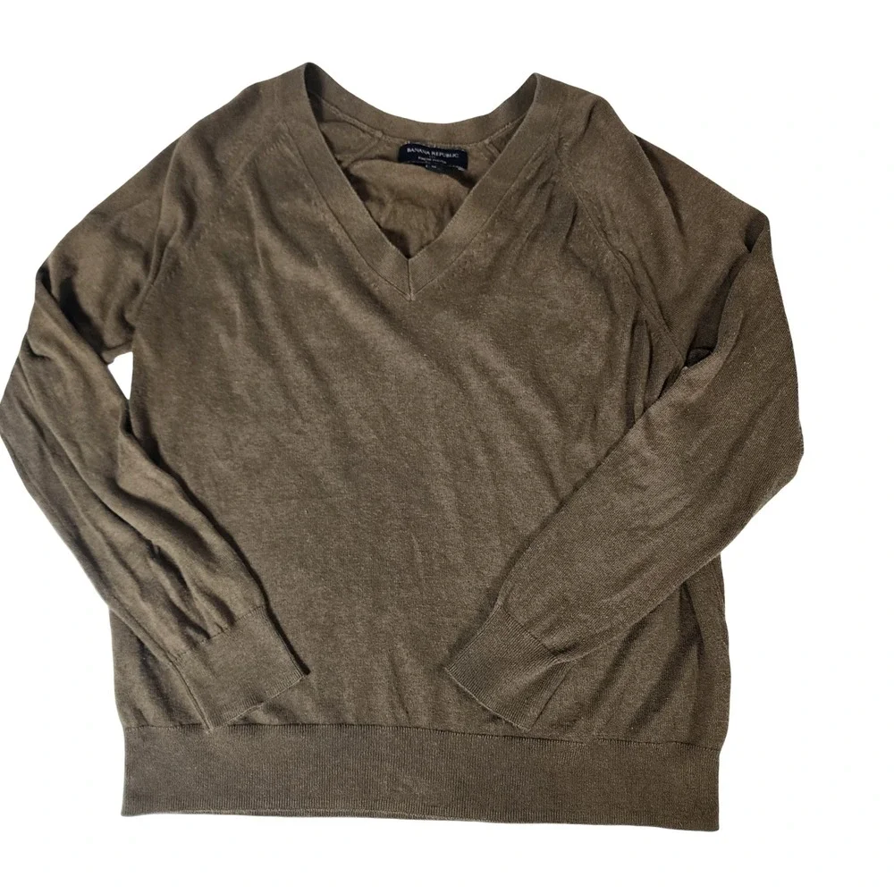 Banana Republic Forever Sweater Mens M Olive Brown Cotton Blend V-Neck Raglan